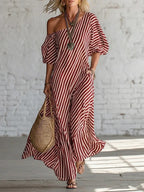 ZOFIA ATELIER red and white striped off-shoulder maxi dress made of polyester with short sleeves and a flowing skirt.