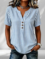 ZOFIA ATELIER blue and white striped polyester short sleeve V-neck pullover shirt with wooden buttons.