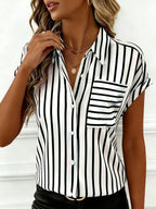 ZOFIA ATELIER black and white striped polyester shirt with short sleeves and a chest pocket.