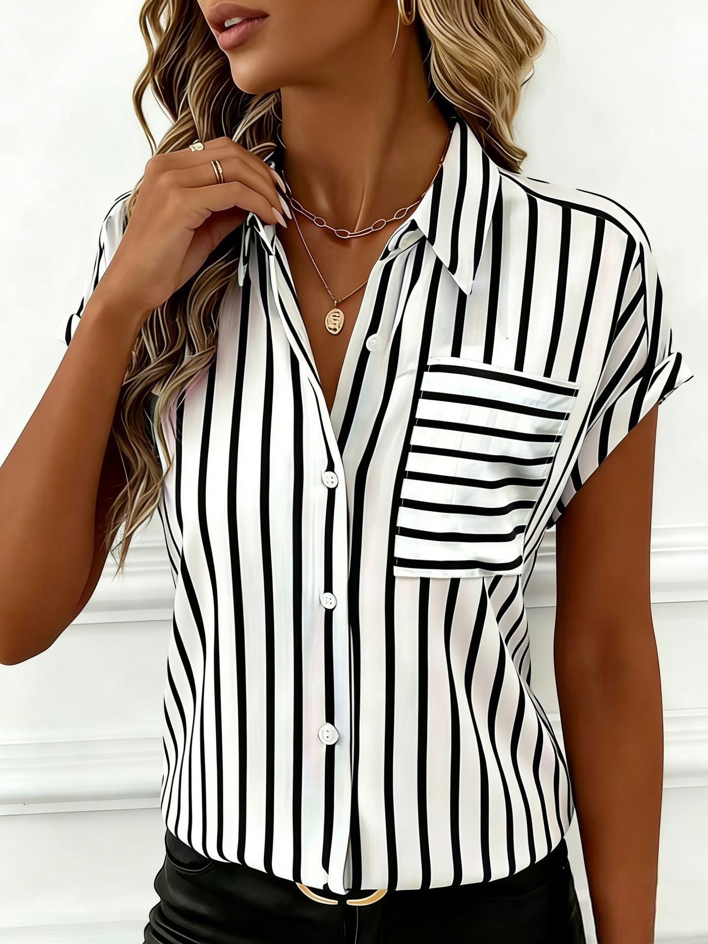 ZOFIA ATELIER black and white striped polyester shirt with short sleeves and a chest pocket.