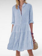 ZOFIA ATELIER blue and white striped polyester tiered shirt dress with lapel collar and long sleeves