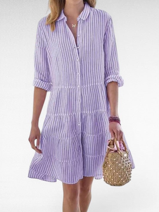 ZOFIA ATELIER purple and white striped polyester shirt dress with lapel collar and tiered skirt.