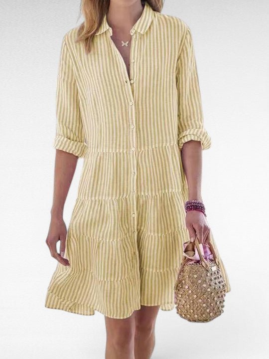 ZOFIA ATELIER yellow and white striped polyester shirt dress with lapel collar and tiered skirt.
