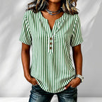 ZOFIA ATELIER green and white striped short sleeve polyester shirt with button detail and V-neck.