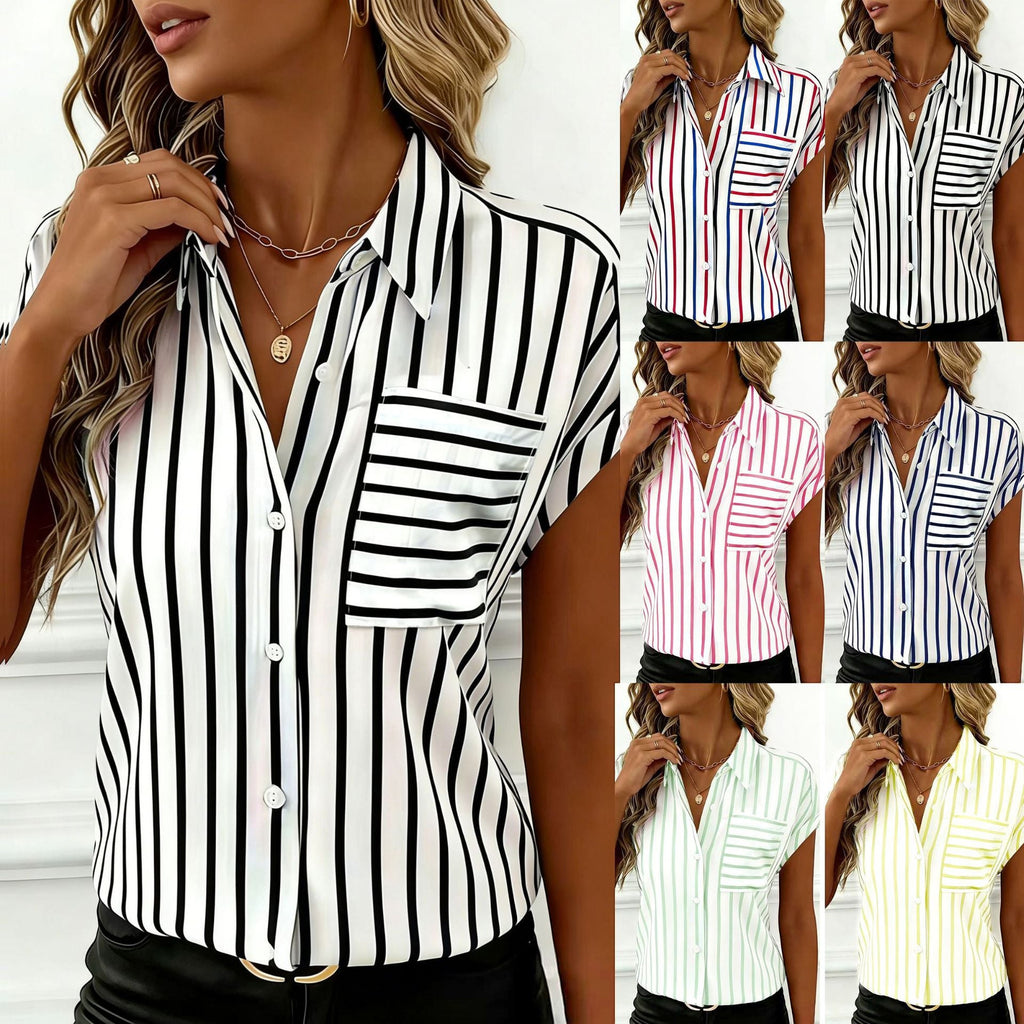 ZOFIA ATELIER women's loose fit short sleeve polyester striped shirt with pocket detail.