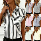 ZOFIA ATELIER women's loose fit short sleeve polyester striped shirt with pocket detail.