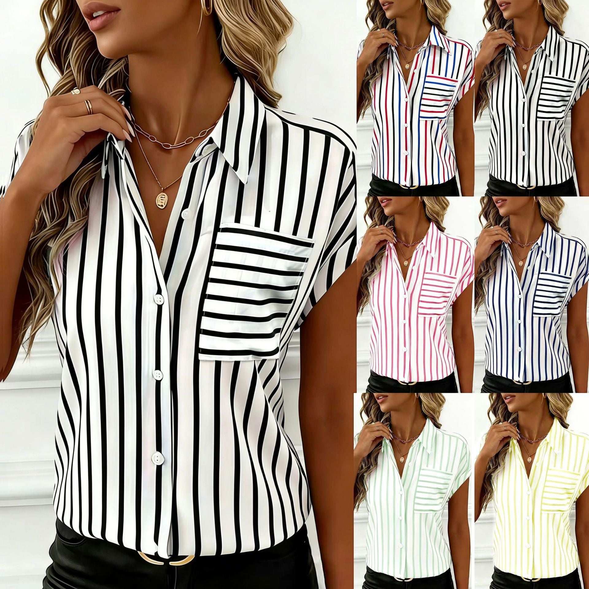 ZOFIA ATELIER women's loose fit short sleeve polyester striped shirt with pocket detail.