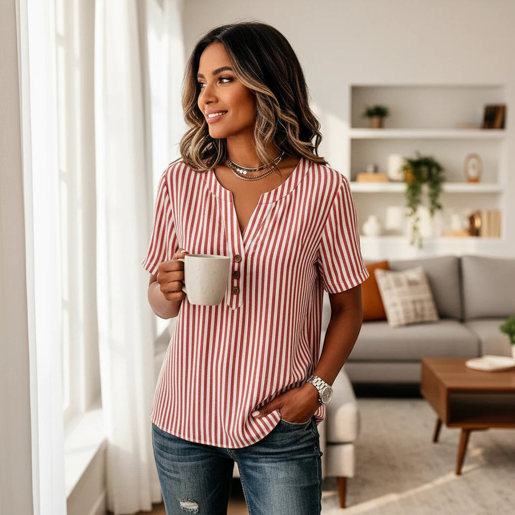 ZOFIA ATELIER red and white striped short sleeve polyester shirt with button detail and regular fit.
