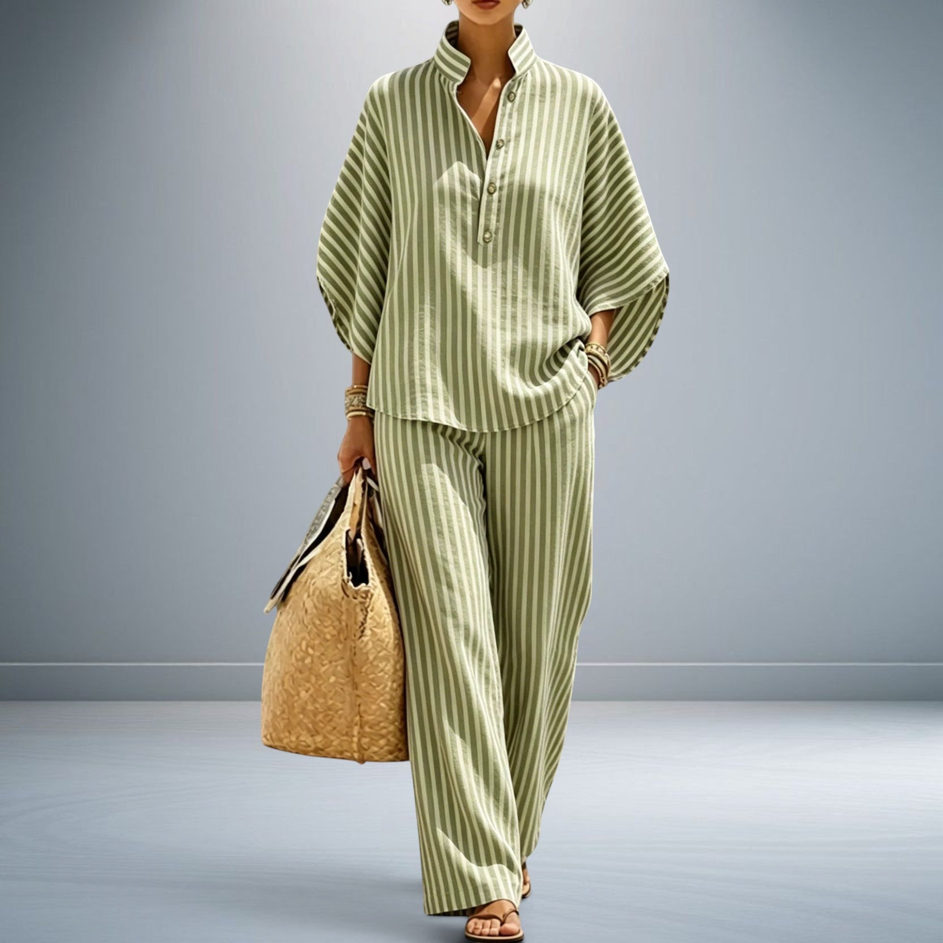 ZOFIA ATELIER MIROSŁAWA green and white striped polyester shirt and pants set with three-quarter sleeves.