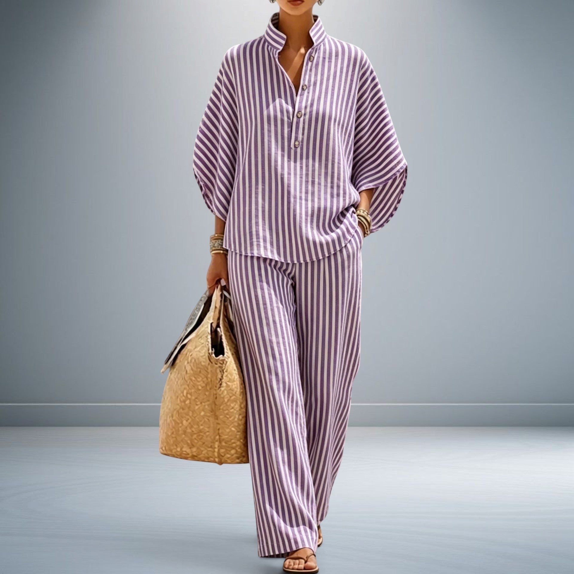 ZOFIA ATELIER purple and white striped polyester shirt with three-quarter sleeves and matching full-length pants.
