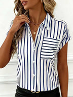 ZOFIA ATELIER white and navy striped polyester shirt with short sleeves and a chest pocket.