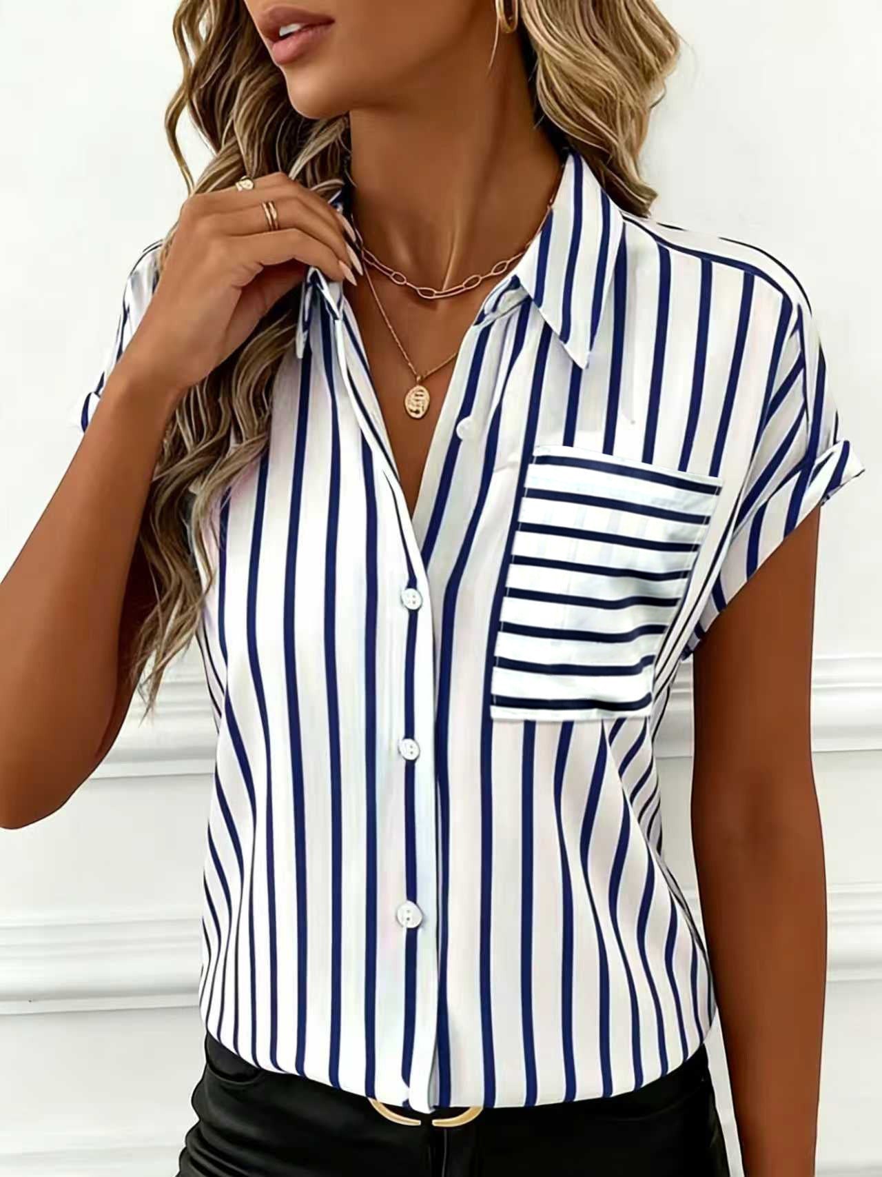 ZOFIA ATELIER white and navy striped polyester shirt with short sleeves and a chest pocket.