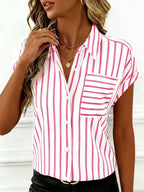 ZOFIA ATELIER white and pink striped polyester shirt with button-up front and chest pocket.