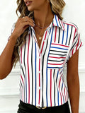 ZOFIA ATELIER white polyester shirt with vertical red, blue, and black stripes, short sleeves, and a chest pocket.