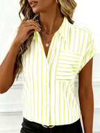ZOFIA ATELIER white and yellow striped polyester shirt with short sleeves and a chest pocket.