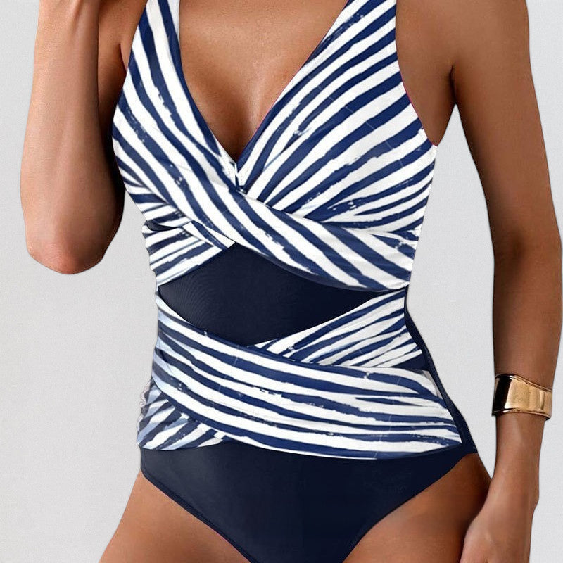 ZOFIA ATELIER Magdalena navy and white striped sleeveless one-piece swimsuit with a flattering wrap design.