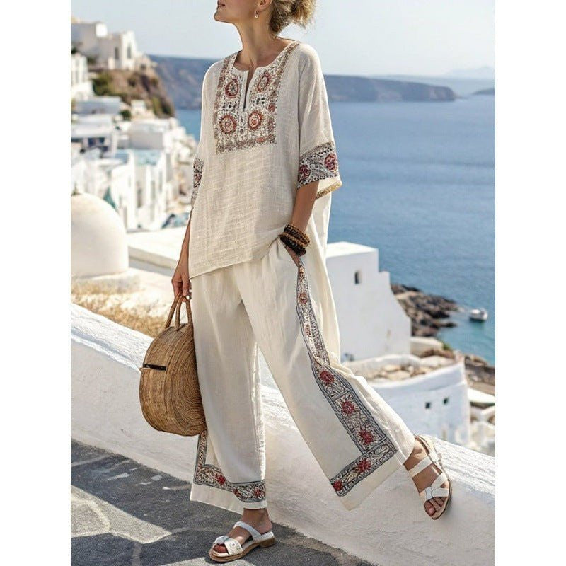 ZOFIA ATELIER women's cream linen blend embroidered wide-leg set with boho-inspired print