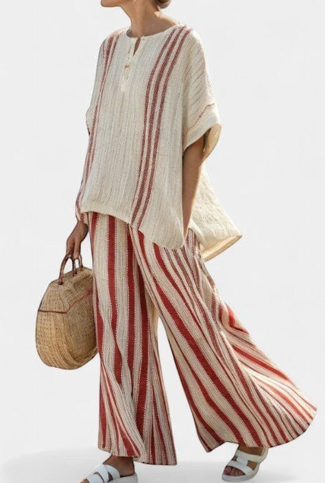 ZOFIA ATELIER cream and red striped linen blend wide-leg set with flowing top and cropped pants.