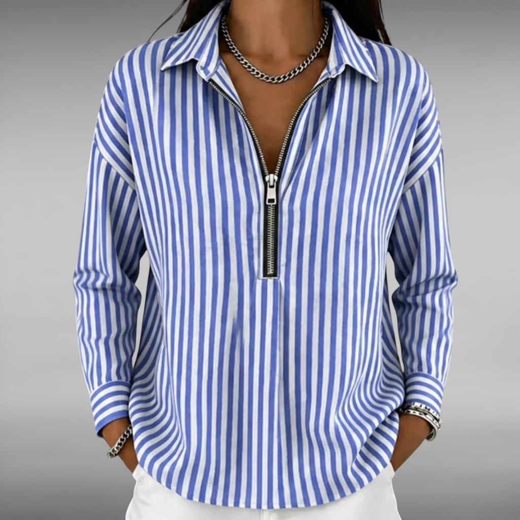 ZOFIA ATELIER blue and white striped polyester shirt with a zipper front and long sleeves.