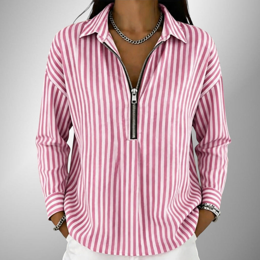 ZOFIA ATELIER pink and white striped polyester long sleeve shirt with zipper detail
