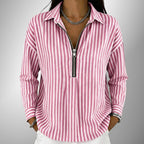ZOFIA ATELIER pink and white striped polyester long sleeve shirt with zipper detail