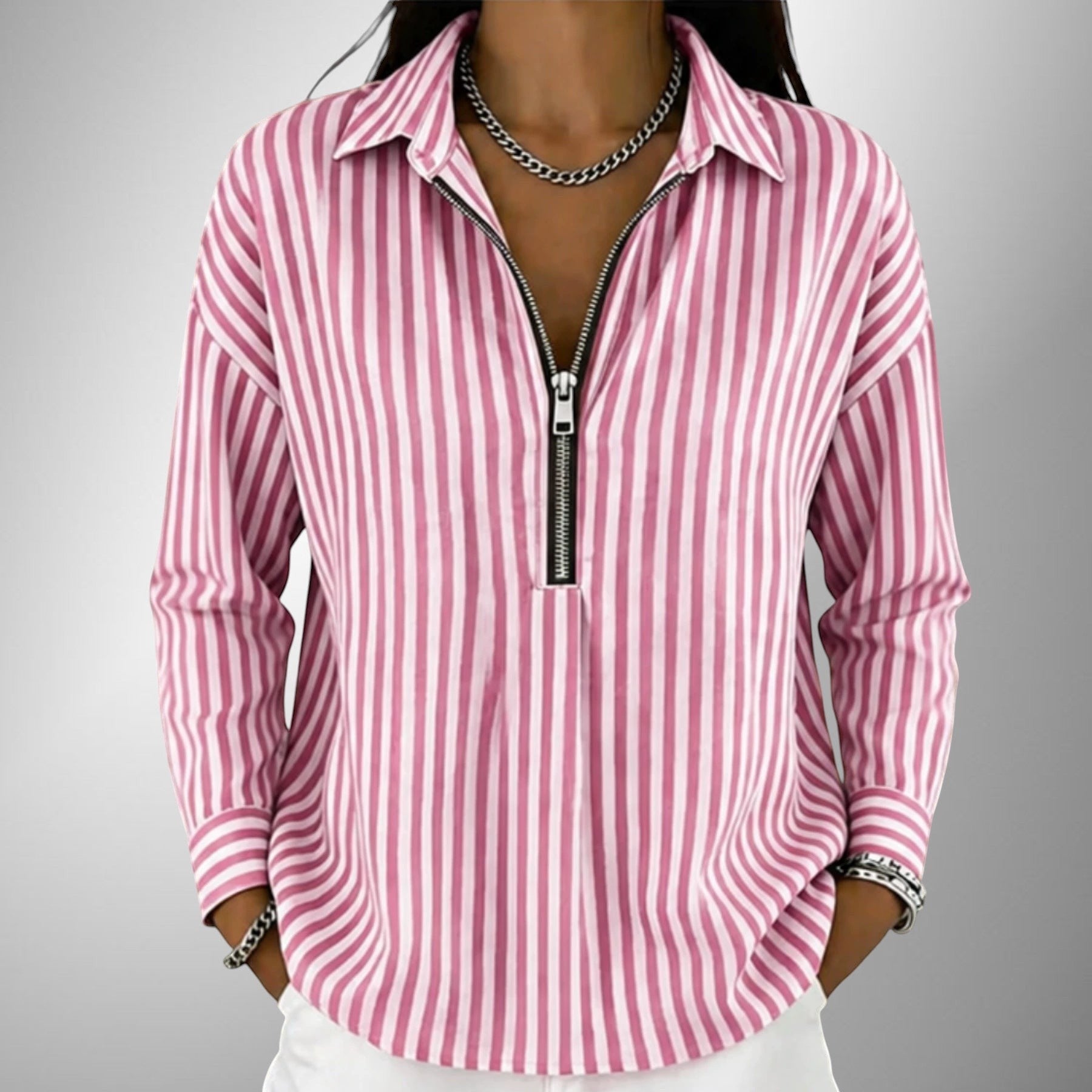 ZOFIA ATELIER pink and white striped polyester long sleeve shirt with zipper detail