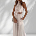 ZOFIA ATELIER cream sleeveless halter neck crop top with wide-leg trousers, regenerated cellulose fiber