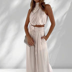 ZOFIA ATELIER cream sleeveless halter neck crop top with wide-leg trousers, regenerated cellulose fiber