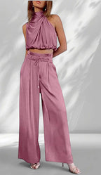 ZOFIA ATELIER dusty rose sleeveless halter neck crop top with wide-leg paperbag waist trousers set made of regenerated cellulose fiber.