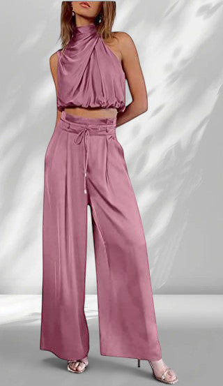 ZOFIA ATELIER dusty rose sleeveless halter neck crop top with wide-leg paperbag waist trousers set made of regenerated cellulose fiber.