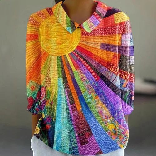 ZOFIA ATELIER colourful sunburst print shirt with 3/4 sleeves and a collar, made from polyester.