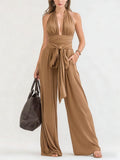 ZOFIA ATELIER Teodora taupe halter-neck wide-leg jumpsuit with tie waist, made of polyester fiber.