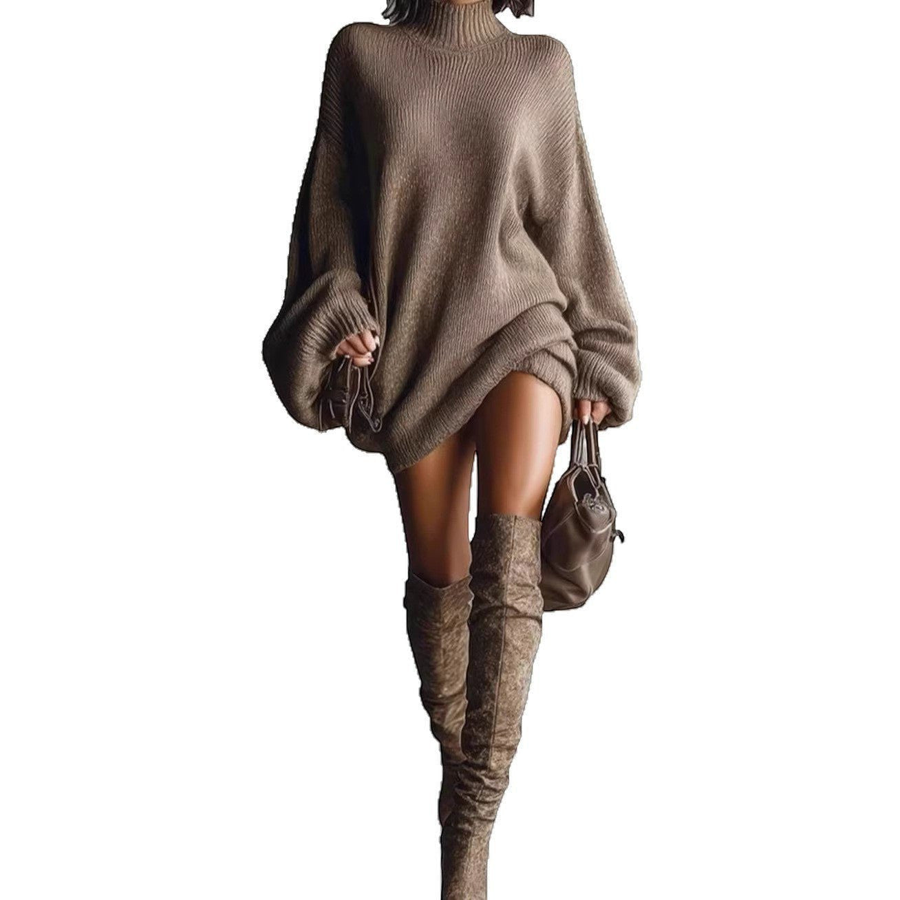 ZOFIA ATELIER taupe knitted turtleneck dress with lantern sleeves and loose fit, paired with knee-high boots.