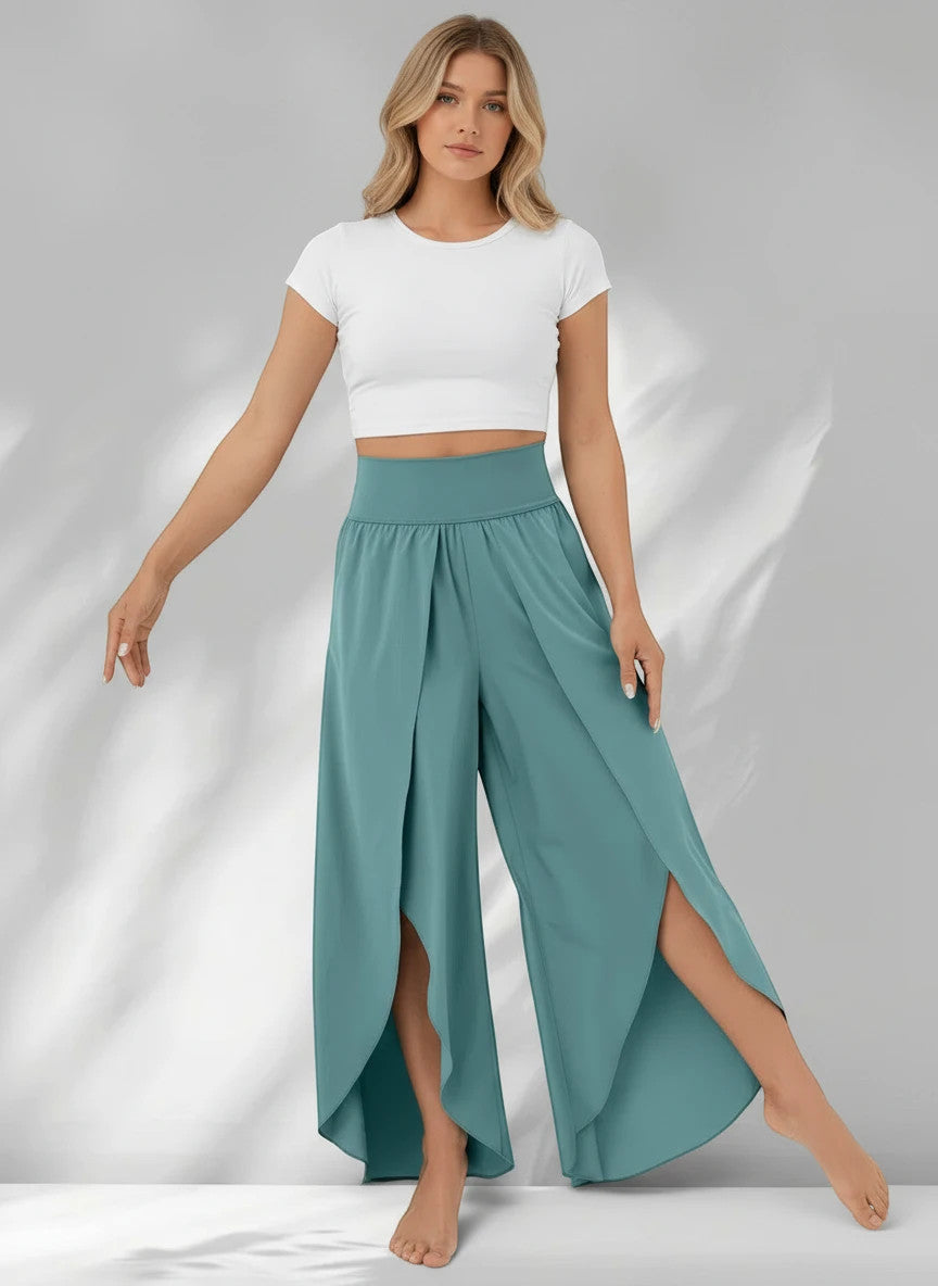 ZOFIA ATELIER teal polyester fiber cropped high waist trousers with split leg design
