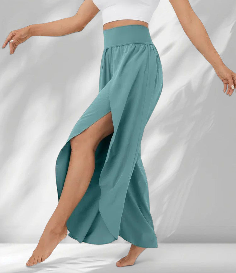 ZOFIA ATELIER teal polyester fiber high waist cropped trousers with a flowing design and high leg slits.