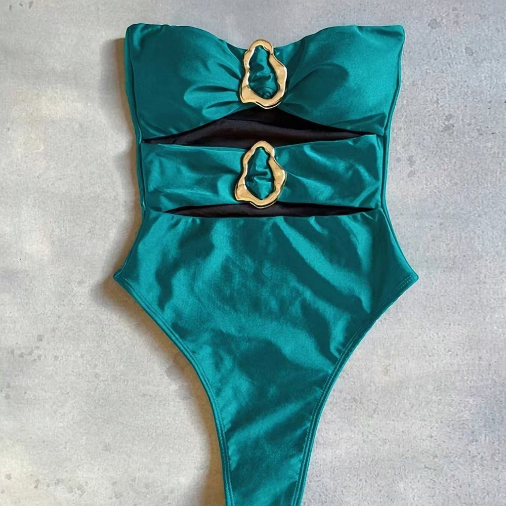 ZOFIA ATELIER teal nylon one-piece swimsuit with gold buckle details and cut-out waist