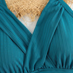 ZOFIA ATELIER teal ribbed knit two-piece beach swim set with boxer-style bottoms and V-neck top.