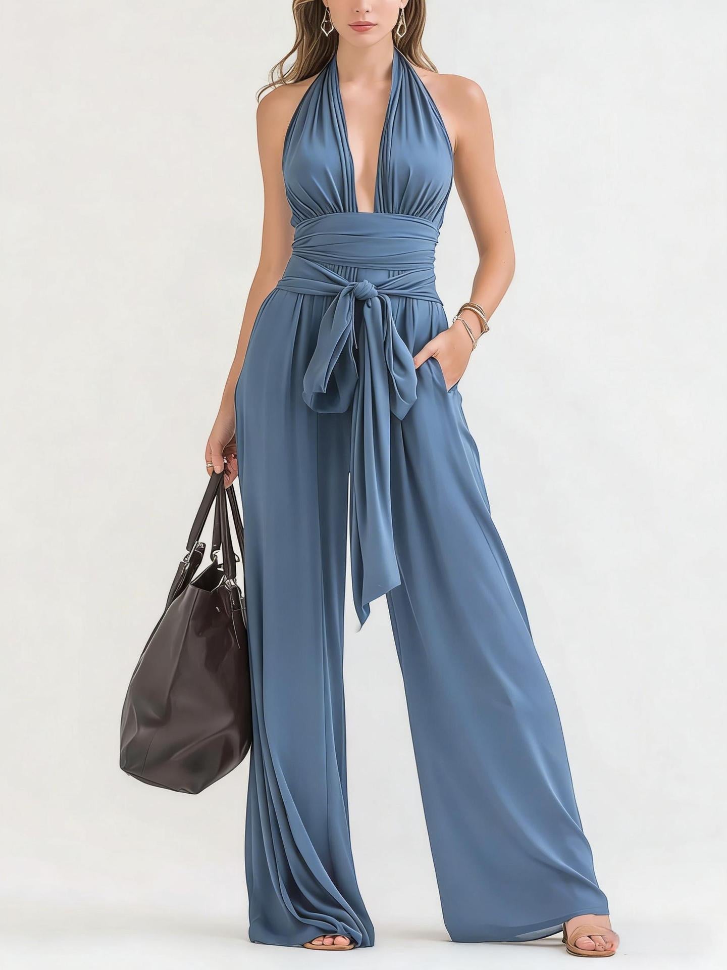 ZOFIA ATELIER TEODORA blue polyester halter-neck sleeveless wide-leg jumpsuit with tie waist.
