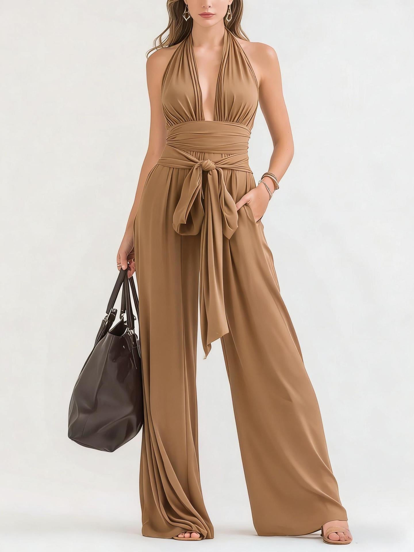 ZOFIA ATELIER Teodora brown milk silk halter-neck wide-leg jumpsuit with tie waist and deep V-neck.