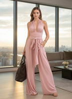 ZOFIA ATELIER TEODORA pink polyester halter-neck sleeveless wide-leg jumpsuit with tie waist.