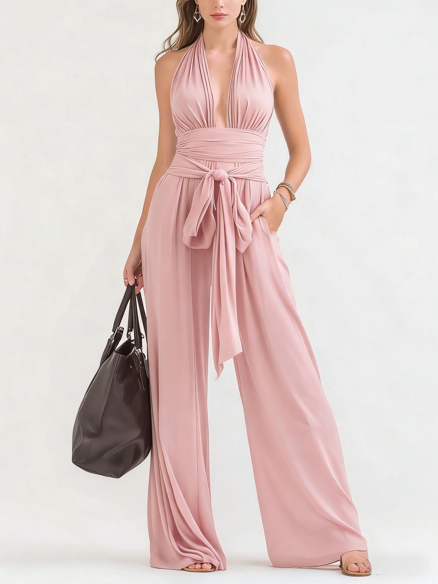 ZOFIA ATELIER TEODORA pink polyester halter-neck sleeveless wide-leg jumpsuit with tie waist.