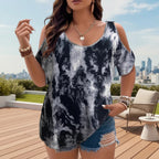 ZOFIA ATELIER black and white tie-dye polyester crew-neck top with cold shoulder sleeves and regular fit.