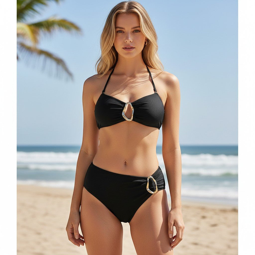 ZOFIA ATELIER URSZULA black textured bikini set with gold hardware detail on bust and hip.