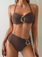 ZOFIA ATELIER URSZULA brown halter bikini set with gold buckle detail on bust and hip, made of stretch fabric.