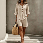 ZOFIA ATELIER URSZULA buttoned v-neck set in beige bamboo cotton with flared sleeves and shorts.