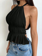 ZOFIA ATELIER URSZULA black pleated halter top with ruched waist and peplum hem, made of polyester.