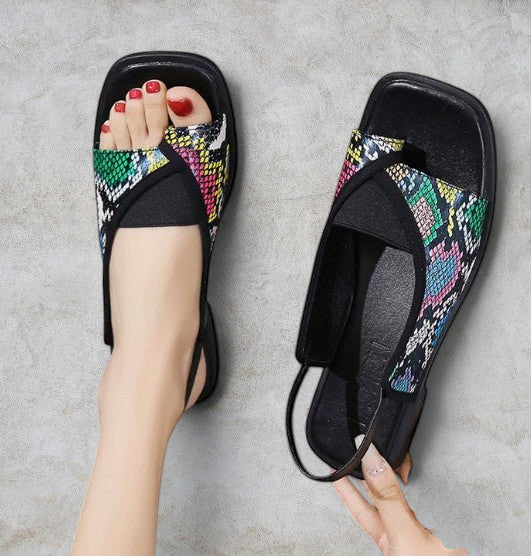 ZOFIA ATELIER URSZULA plus-size casual sandals with square toe and colorful snakeskin print straps.