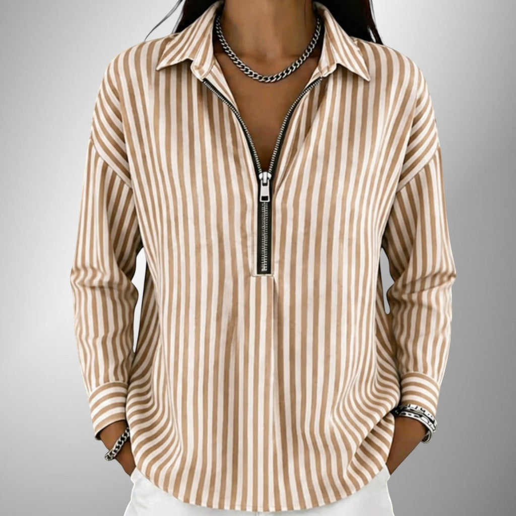 ZOFIA ATELIER URSZULA striped polyester long sleeve shirt with a quarter zip neckline and relaxed fit.