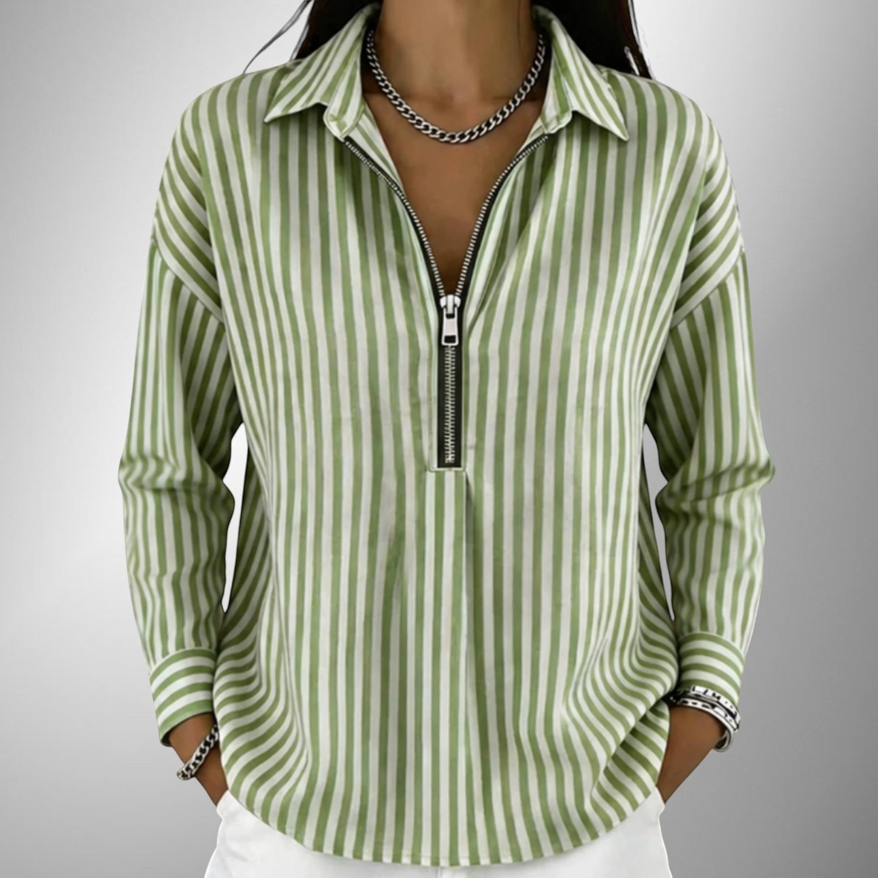 ZOFIA ATELIER URSZULA green and white striped polyester long sleeve shirt with zipper front and relaxed fit.