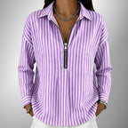 ZOFIA ATELIER URSZULA purple and white striped polyester long sleeve shirt with zipper detail.